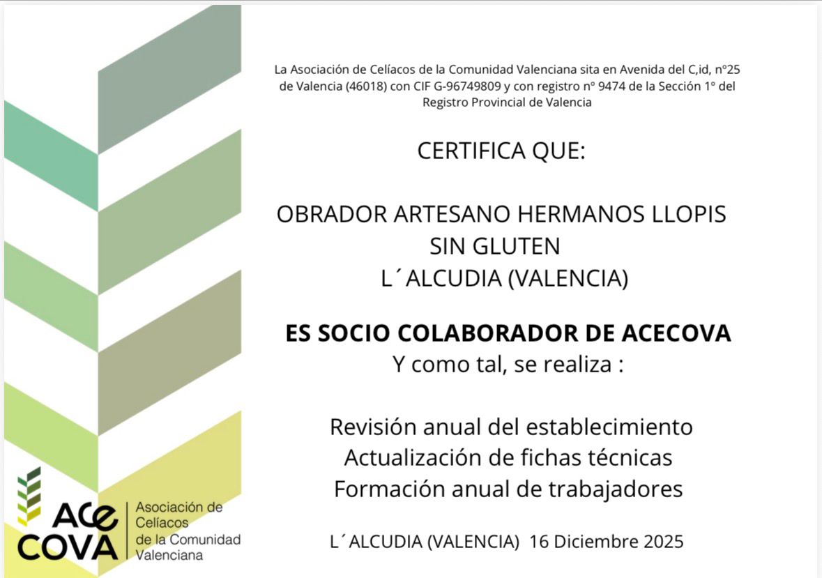 certificado acecova obrador sin gluten hermanos llopis